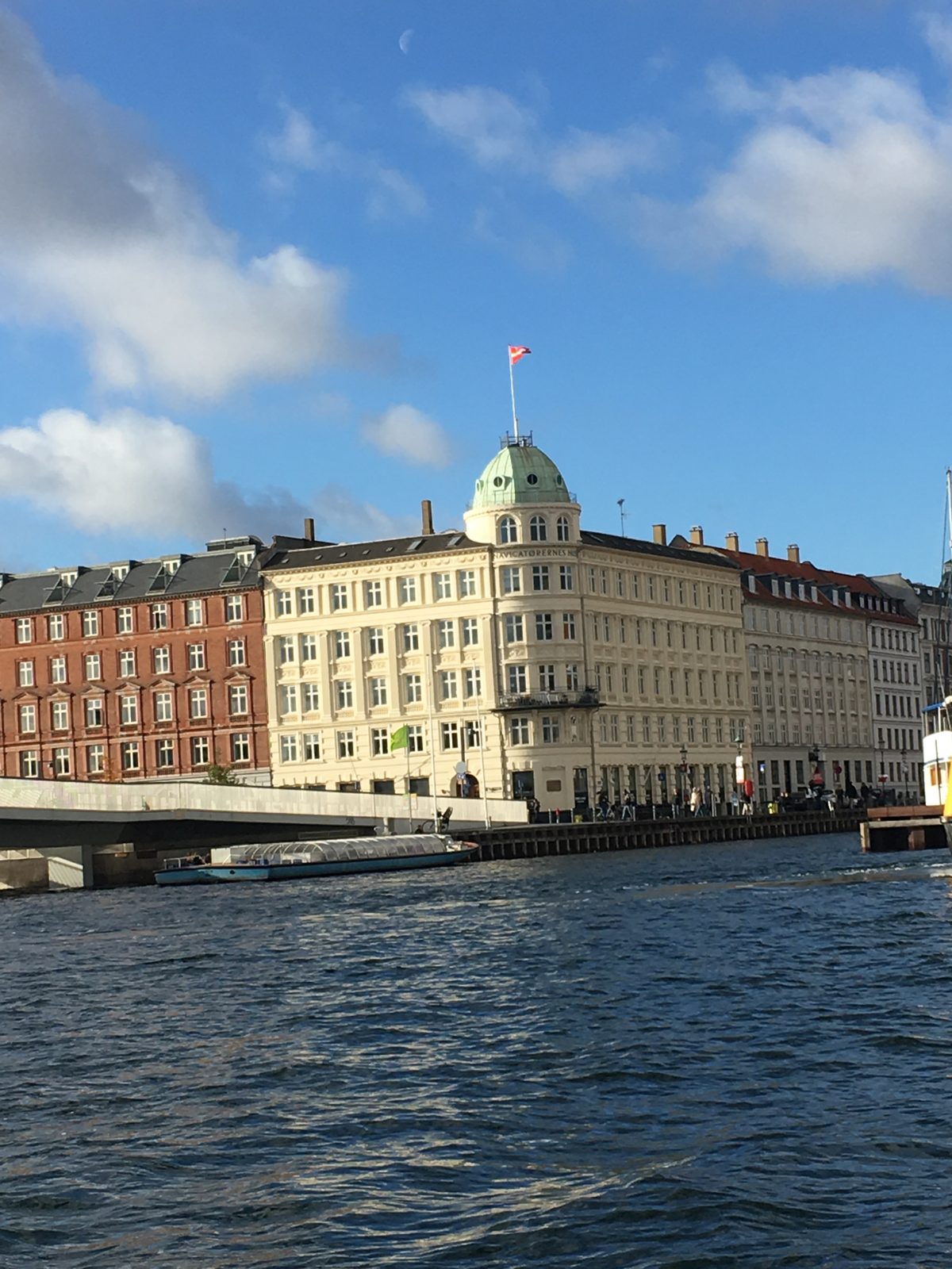 A grand cream-colored building with a green copper dome flying the Danish flag, lining a sunlit Copenhagen canal under a blue sky.